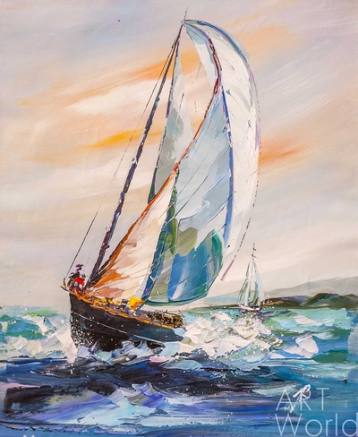 картина масло холст Картина маслом "Белая яхта в синем море N2", Родригес Хосе, LegacyArt Артворлд.ру