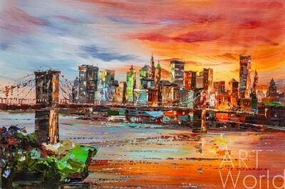 картина масло холст Картина маслом "Вид на Бруклинский мост и  Манхэттен на закате", Родригес Хосе, LegacyArt Артворлд.ру