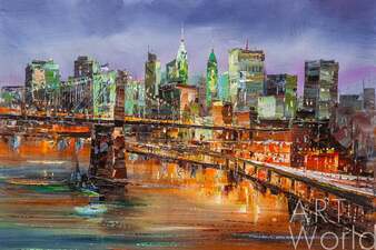Картина маслом "Нью-Йорк. Вечерний вид на Бруклинский мост и пролив Ист-Ривер" Артворлд.ру