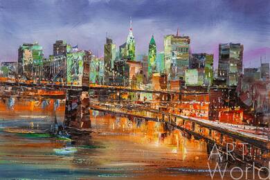 Картина маслом "Нью-Йорк. Вечерний вид на Бруклинский мост и пролив Ист-Ривер" Артворлд.ру