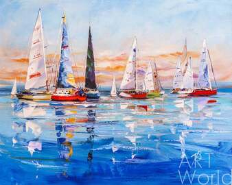 Картина маслом "Разноцветные яхты в синем море" Артворлд.ру