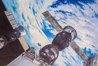 картина масло холст Картина маслом "Космический корабль «Союз МС-13»", Камский Савелий, LegacyArt