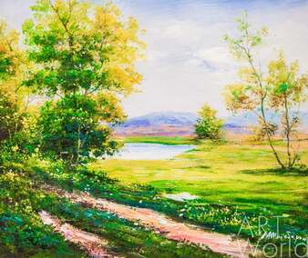 Картина маслом "Летний день. Вид на озеро и горы" Артворлд.ру
