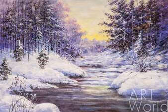 Картина маслом "Восход солнца в зимнем лесу" Артворлд.ру