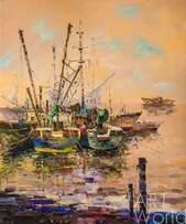 Картина маслом "Рыбацкие лодки в закатном мареве" Артворлд.ру
