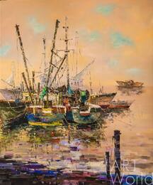 Картина маслом "Рыбацкие лодки в закатном мареве" Артворлд.ру