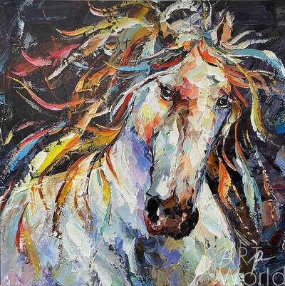 картина масло холст Картина маслом "Белый конь с огненной гривой", Родригес Хосе, LegacyArt Артворлд.ру