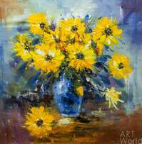 Картина маслом "Букет желтых цветов в синей вазе" Артворлд.ру