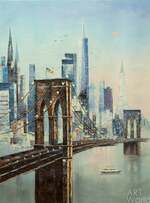 Картина маслом "Нью-Йорк, вид на город через Бруклинский мост" Артворлд.ру