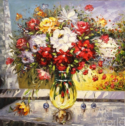 картина масло холст Букет с пионами и красными цветами в желтой вазе, Влодарчик Анджей, LegacyArt