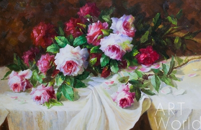 картина масло холст Натюрморт маслом "Розы на столе", Камский Савелий, LegacyArt