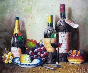 Картина маслом "Натюрморт с вином, хлебом и сыром" Артворлд.ру