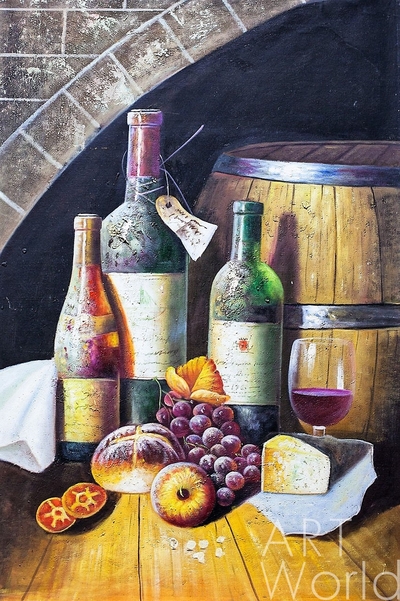 картина масло холст Картина маслом "Натюрморт с вином, хлебом и сыром N2", Картины в интерьер, LegacyArt