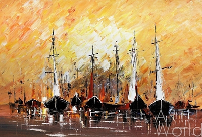 картина масло холст Морской пейзаж маслом "Лодки на фоне заката", Картины в интерьер, LegacyArt