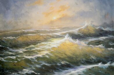 Морской пейзаж маслом "Вечернее солнце в бурной воде N1" Артворлд.ру