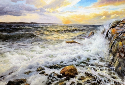 картина масло холст Морской пейзаж «Волны у скал на фоне заката», Лагно Дарья, LegacyArt Артворлд.ру