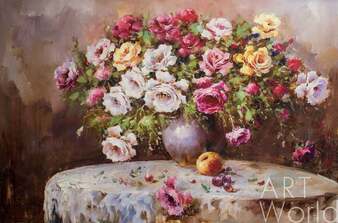 Картина маслом "Букет роз с яблоком и виноградом" Артворлд.ру