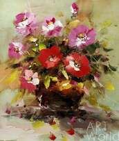 Картина маслом "Букет с красными и розовыми цветами" Артворлд.ру