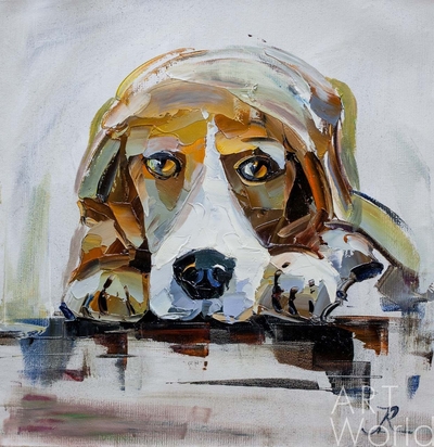 картина масло холст Картина с собакой "В ожидании хозяина N3", Родригес Хосе, LegacyArt Артворлд.ру