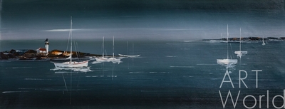 картина масло холст Морской пейзаж маслом "Лодки у маяка", Родригес Хосе, LegacyArt Артворлд.ру