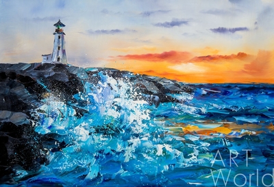 картина масло холст Морской пейзаж маслом "Маяк на закате. Встречающий волны N2", Родригес Хосе, LegacyArt