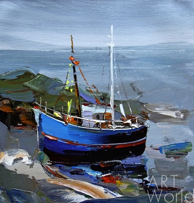 картина масло холст Морской пейзаж маслом "Рыбачья лодка на фоне берега", Родригес Хосе, LegacyArt
