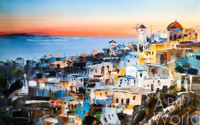 картина масло холст Средиземноморский пейзаж "Закат на Санторини", Родригес Хосе, LegacyArt
