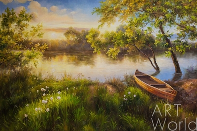 картина масло холст Летний пейзаж маслом "У реки на рассвете", Ромм Александр, LegacyArt