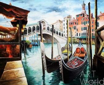 Пейзаж маслом венецианский "Гондолы на фоне моста Риальто" Артворлд.ру