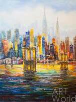Пейзаж городской маслом "Нью-Йорк. Вид на  Манхэттен и Бруклинский мост" Артворлд.ру