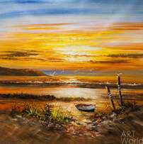 Картина маслом "Лодка на берегу на фоне красного заката" Артворлд.ру