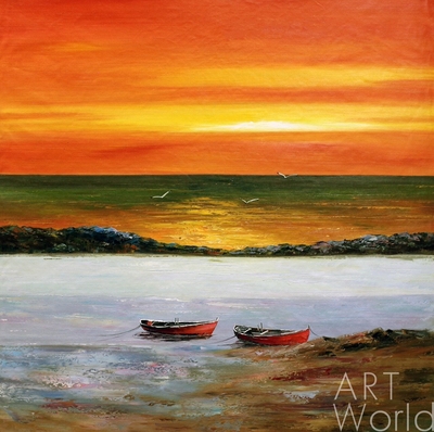 картина масло холст Пейзаж морской маслом "Лодки на фоне заката", Виверс Кристина, LegacyArt