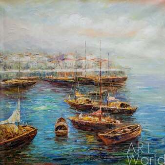 Пейзаж морской маслом "Лодки в бухте на рассвете" Артворлд.ру
