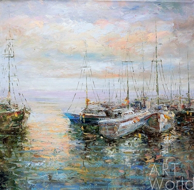 картина масло холст Пейзаж морской маслом "Лодки в утреннем заливе N2", Виверс Кристина, LegacyArt