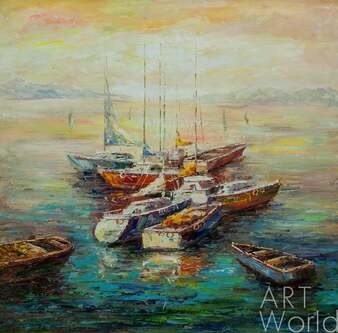 Пейзаж морской маслом "Лодки в закатном заливе N2" Артворлд.ру