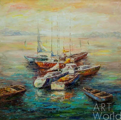 картина масло холст Пейзаж морской маслом "Лодки в закатном заливе N2", Виверс Кристина, LegacyArt