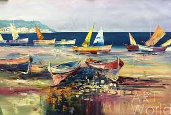 Пейзаж морской маслом "Разноцветные лодки на пляже N1" Артворлд.ру