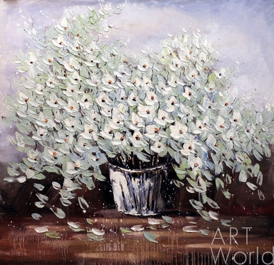картина масло холст Абстракция маслом "Белые цветы в белой вазе", Виверс Кристина, LegacyArt