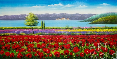 картина масло холст Средиземноморский пейзаж "Маки и лаванда на фоне залива", Виверс Кристина, LegacyArt