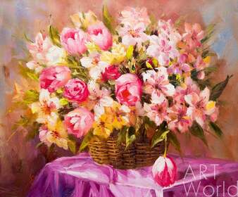 Картина маслом "Букет из лилий и тюльпанов. Натюрморт в розовых тонах" Артворлд.ру