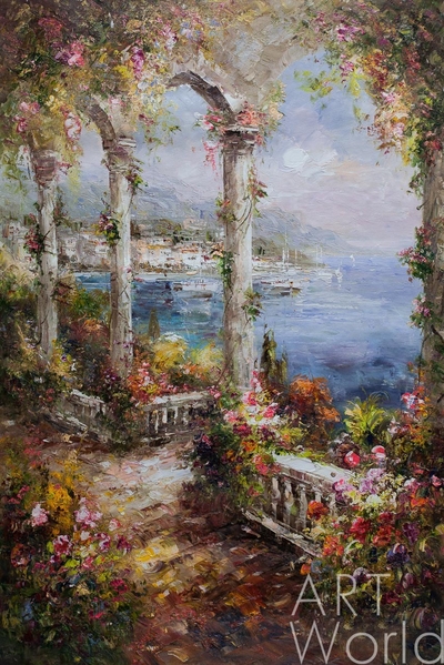 картина масло холст Средиземноморский пейзаж маслом "Балкон с видом на залив", Влодарчик Анджей, LegacyArt Артворлд.ру