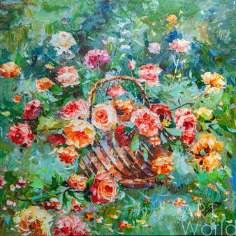 Картина маслом "Корзина с розами в саду" Артворлд.ру