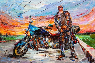 картина масло холст Картина маслом "Мотоциклист на закате", Родригес Хосе, LegacyArt Артворлд.ру