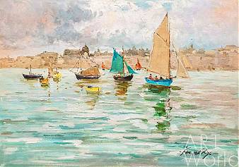 11 - Картина маслом "Лодки в лазурном море на фоне города" Артворлд.ру