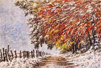 Сельский пейзаж природы - Картина маслом "Летит, кружится первый снег" Артворлд.ру