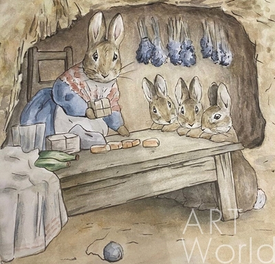 картина масло холст Иллюстрация "Крольчиха и крольчата за столом", Матвеева Анна, LegacyArt Артворлд.ру