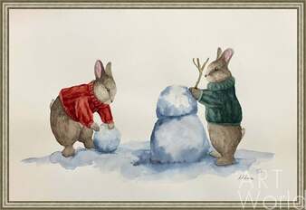Иллюстрация "Зайцы лепят снеговика" Артворлд.ру