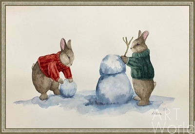 картина масло холст Иллюстрация "Зайцы лепят снеговика", Матвеева Анна, LegacyArt Артворлд.ру
