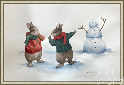 картина масло холст Иллюстрация "Зайцы и снеговик", Матвеева Анна, LegacyArt Артворлд.ру