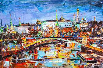Картина улицы города - Пейзаж маслом "Вид на Кремль через Большой Каменный мост" Артворлд.ру